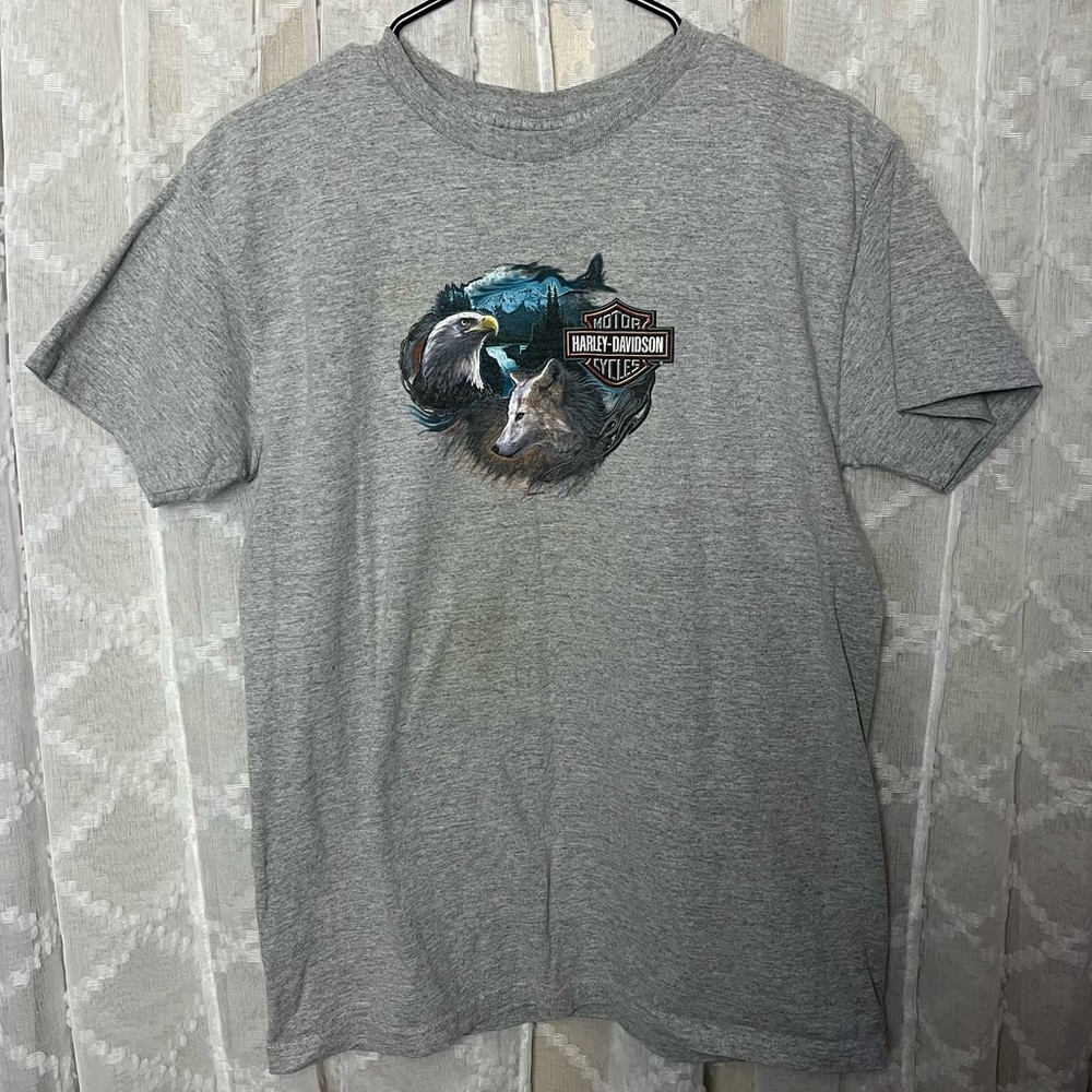 Harley Davidson T-Shirt Las Vegas L 2005 Gray Wolf Eagle Front & Back Small Logo